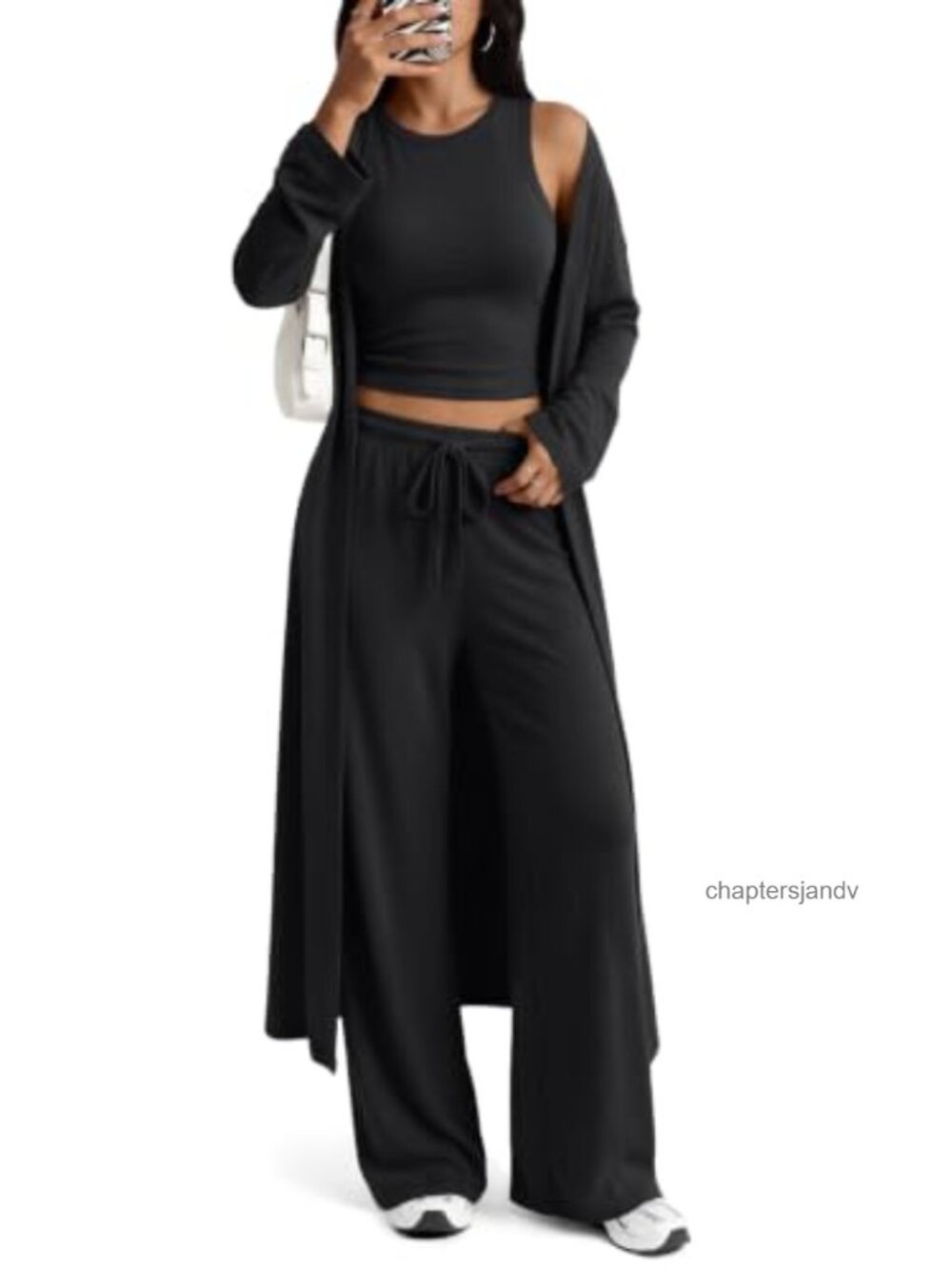 3 Piece Lounge Set Crop Tank Wide Leg Pants Duster Cardigan Travel Outfit
